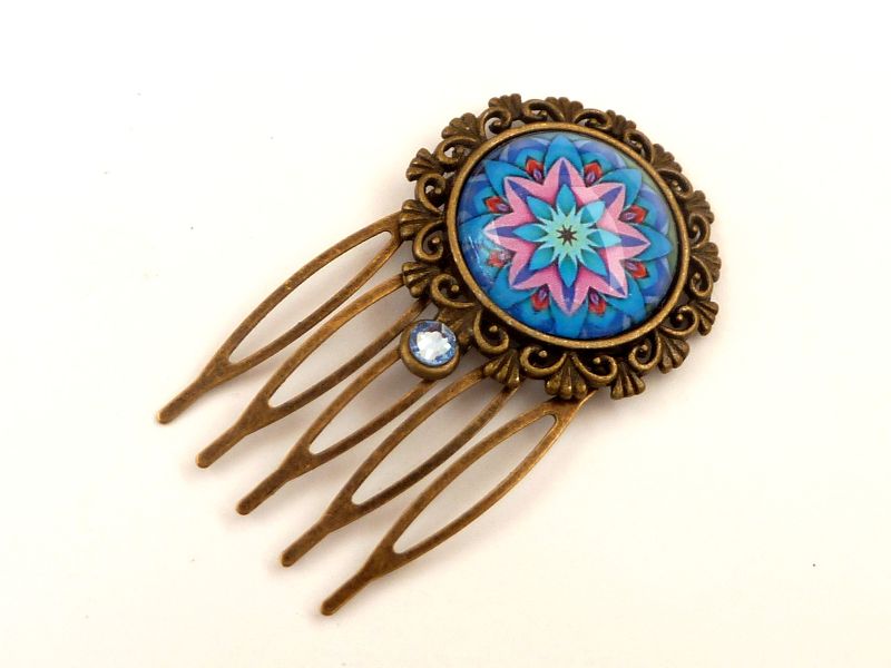 - Kleiner Haarkamm mit Mandala Motiv blau rosa bronzefarben