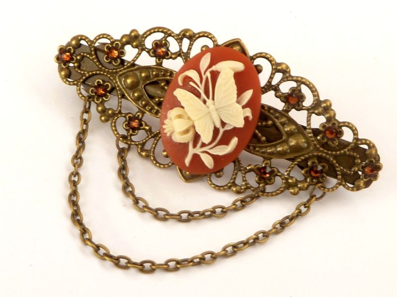  - Elegante Kamee Haarspange mit Schmetterling und Lilien in braun bronze Geschenkidee Frau