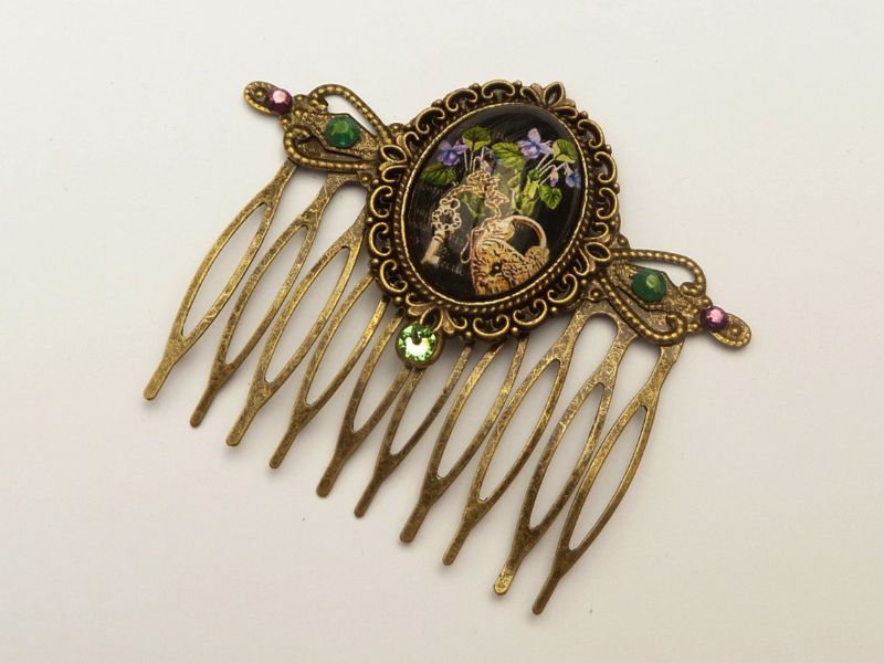  - Nostalgischer Haarkamm mit Veilchen, Schloß und Schlüssel in lila bronze Geschenkidee Frau