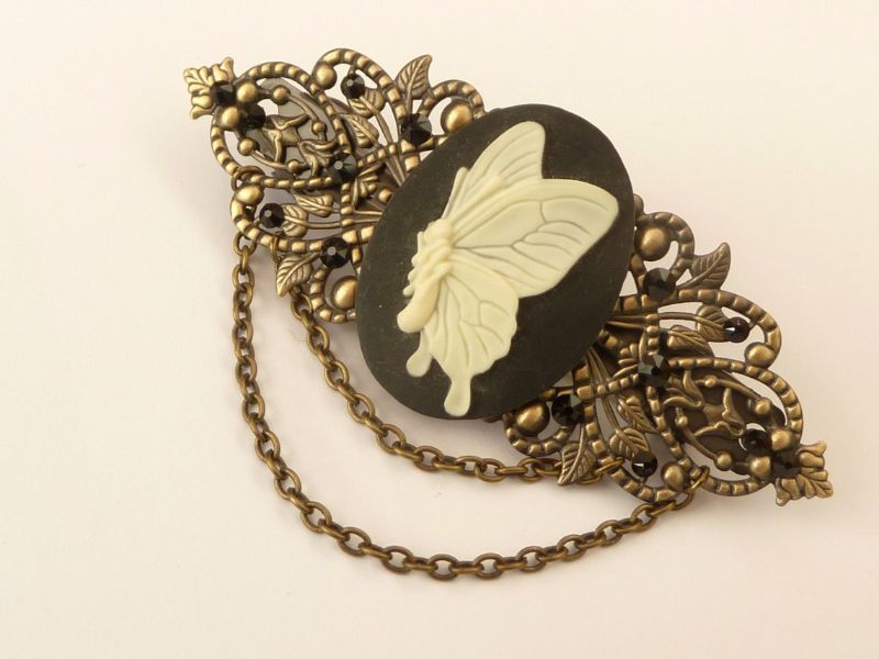  - Kamee Haarspange mit Schmetterling in schwarz bronze Sommer Haarschmuck Geschenk Mädchen