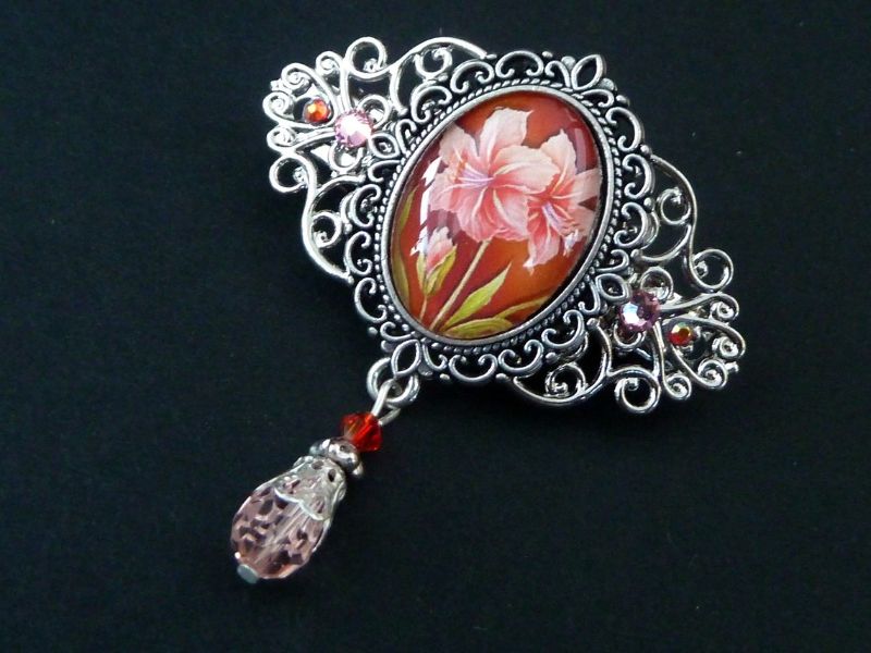  - Kleine Haarspange mit Amaryllis Motiv in rosa silber Braut Haarschmuck Geschenkidee Frau