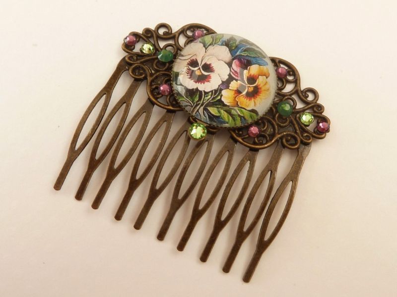  - Haarkamm mit Stiefmütterchen Motiv Blumen Haarschmuck Vintage Stil Haar Accessoire Geschenk Frau