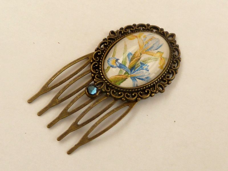  - Kleiner Haarkamm mit Iris Motiv bronze blau antik Stil Haarschmuck Geschenkidee Frau