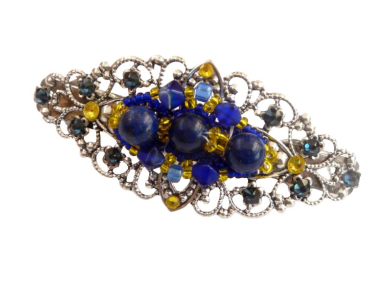  - Edelstein Haarspange mit Lapislazuli Perlen Unikat dunkelblau gelb silberfarben Braut Haarschmuck festliches Haar Accessoire