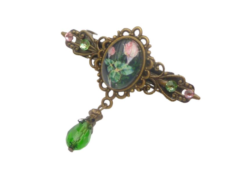  - Kleine Haarspange mit Juwelen Rose Motiv rosa grün bronzefarben Zopf Accessoire antik Stil Haarschmuck Geschenk Frau
