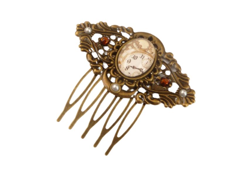  - Kleiner Steampunk Haarkamm mit Uhr und Zahnrädern braun bronzefarben antik Stil Haarschmuck Geschenkidee Frau