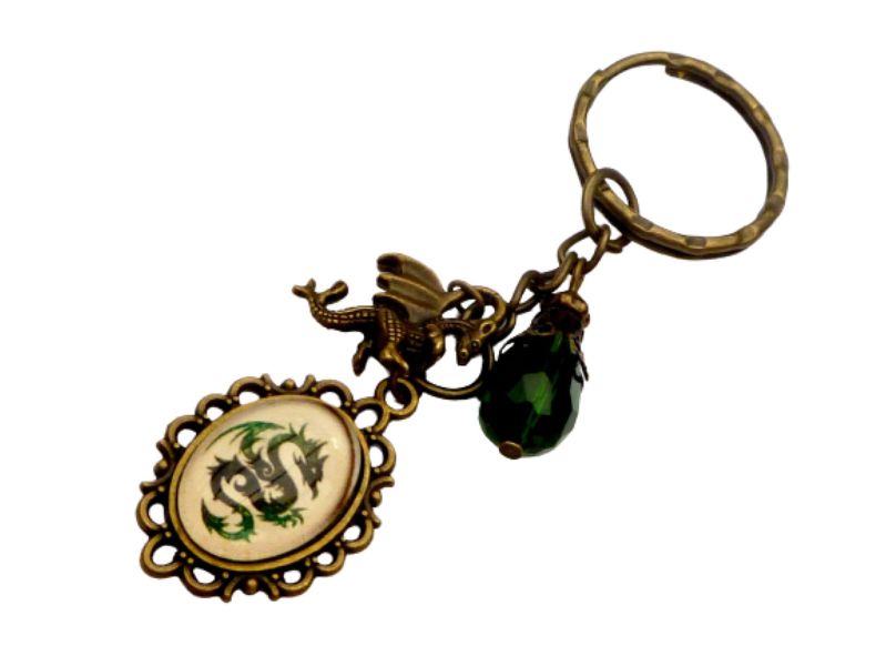  - Schlüsselanhänger mit Drachen Motiv grün bronzefarben Mittelalter Stil LARP Mitbringsel für Mann und Frau