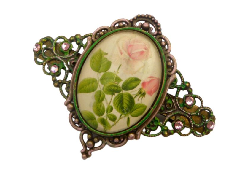  - Exklusive Haarspange mit Rosen Motiv grün rosa handbemalter Haarschmuck Braut Accessoire Hochsteckfrisur Geschenkidee