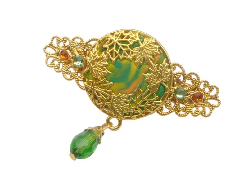  - Kleine Haarspange mit einem Blätterkranz grün goldfarben Herbst Accessoire Unikat Haarschmuck Geschenkidee Frau