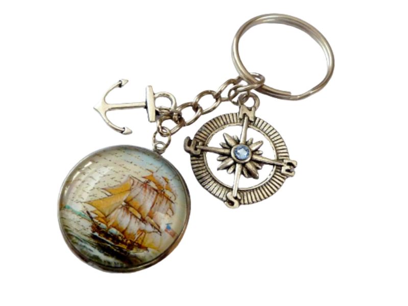  - Maritimer Schlüsselanhänger mit historischem Segelschiff Anker Kompass silberfarben Geschenkidee für sie und ihn
