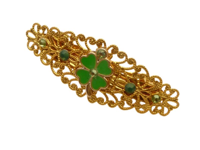  - Kleine Haarspange mit vierblättrigem Kleeblatt Motiv grün goldfarben Glücksbringer Haarschmuck Geschenkidee Frau