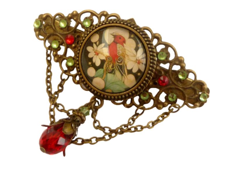  - Nostalgische Haarspange mit Vogel Motiv rot grün bronzefarben festlicher Haarschmuck Braut Hochzeit Hochsteckfrisur