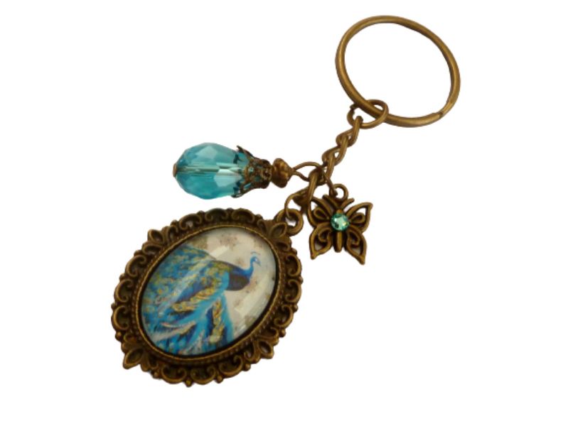  - Jugendstil Design Schlüsselanhänger mit Pfau Motiv bronze türkisfarben Geschenkidee für sie kleine Geschenke Freundin