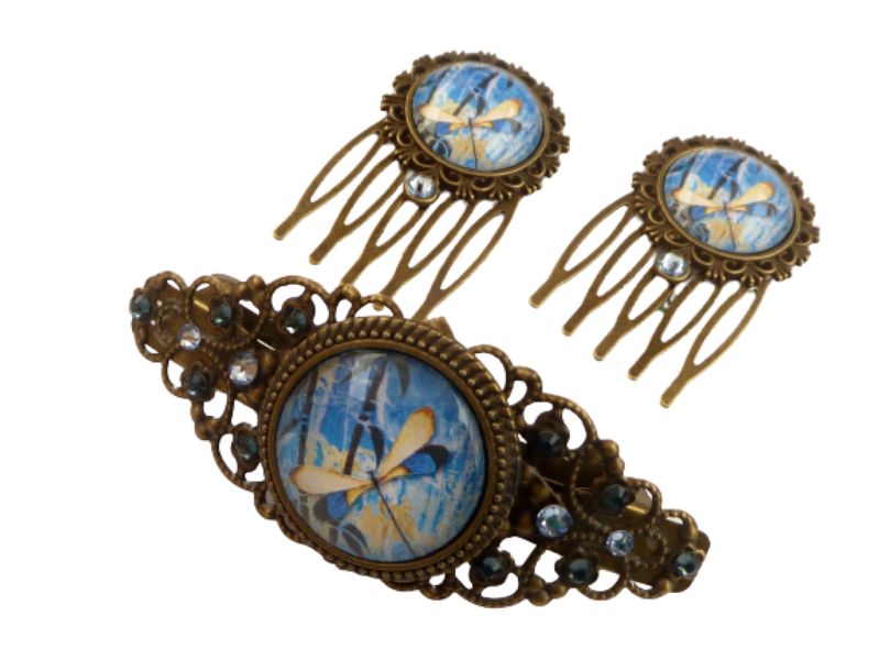  - Haarschmuck Set mit Haarspange und zwei Haarkämmen Libelle Motiv blau bronzefarben Jugendstil Haarschmuck Geschenkidee
