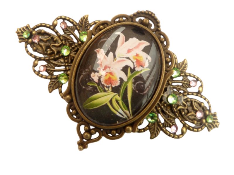  - Große Haarspange mit Orchidee Motiv rosa bronzefarben Braut Hochzeit antik vintage Haarschmuck Geschenkidee Frau