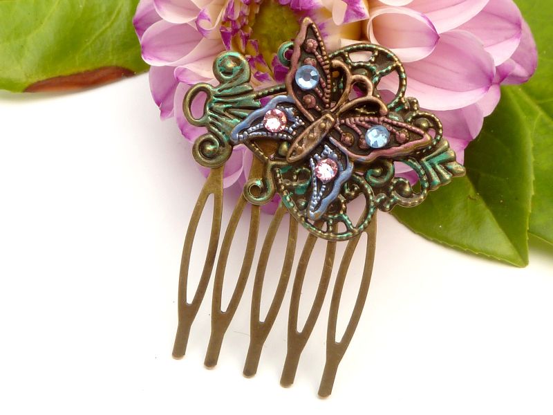  - Kleiner Haarkamm mit Schmetterling Motiv handbemalt bunt bronzefarben Hochsteckfrisur Braut Hochzeit Sommer Accessoire