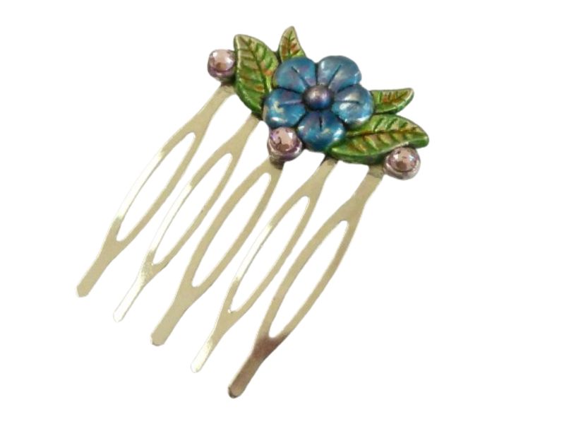  - Kleiner handbemalter Haarkamm mit Blüten und Blättern bunt silberfarben Braut Hochzeit festlicher Haarschmuck Geschenkidee
