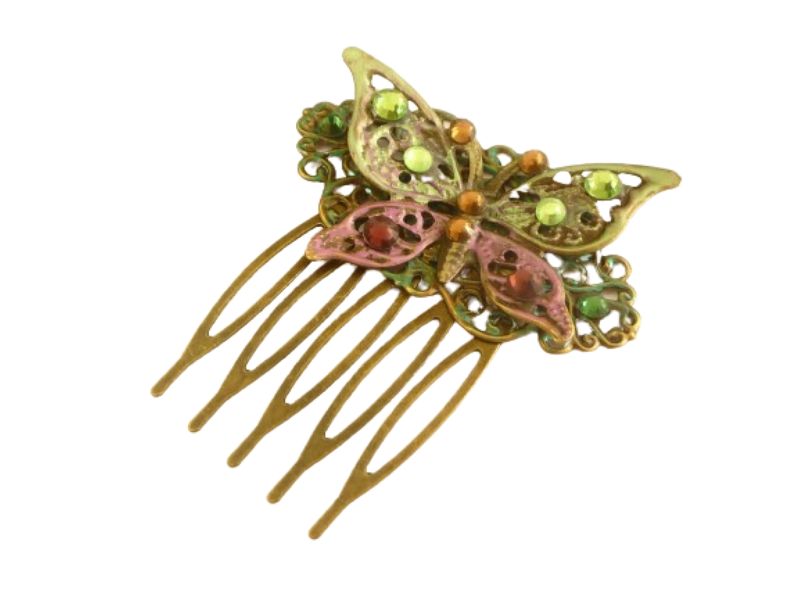  - Kleiner Haarkamm im Vintage Stil Unikat mit Schmetterling Motiv handbemalt bunt bronzefarben Hochsteckfrisur Braut Hochzeit Accessoire