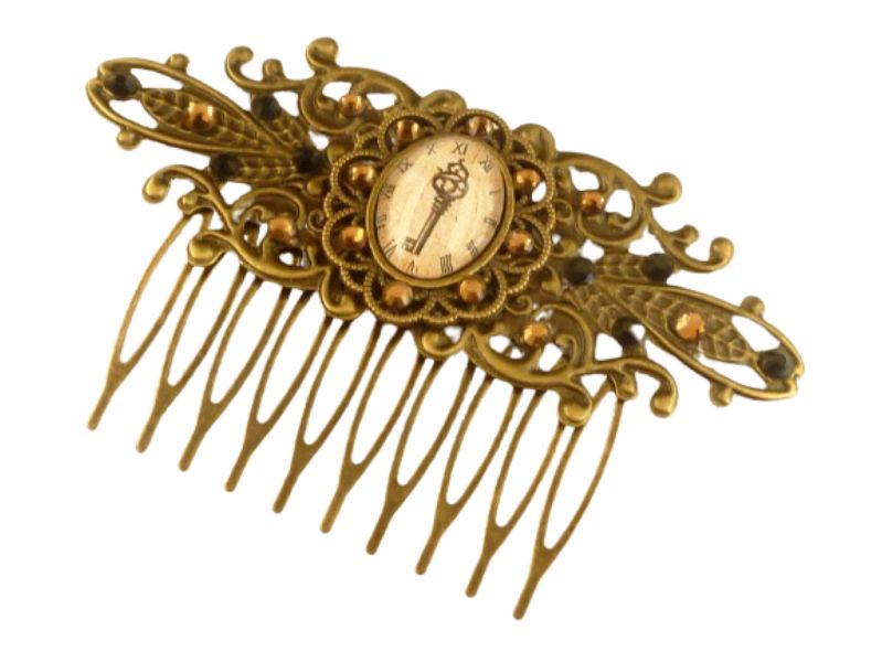  - Breiter Haarkamm im Steampunk Stil mit Schlüssel und Ziffernblatt Motiv braun bronzefarben Hochsteckfrisur Haarschmuck