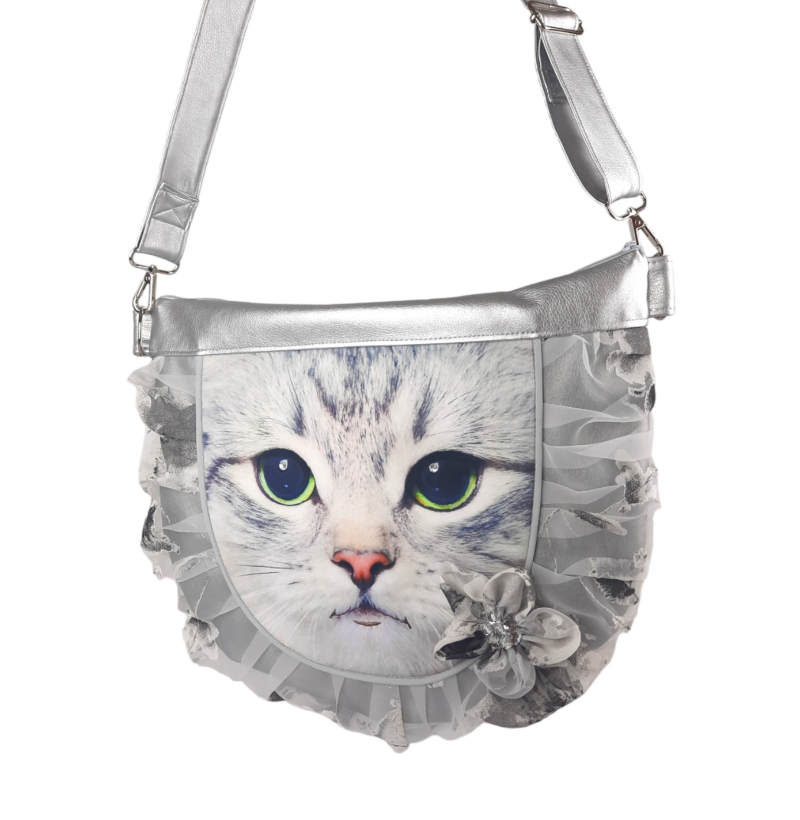  - Handtasche ♥ KITTY SILVER ♥, Umhängetasche, Katzentasche, Citytasche, Bag, Designertasche