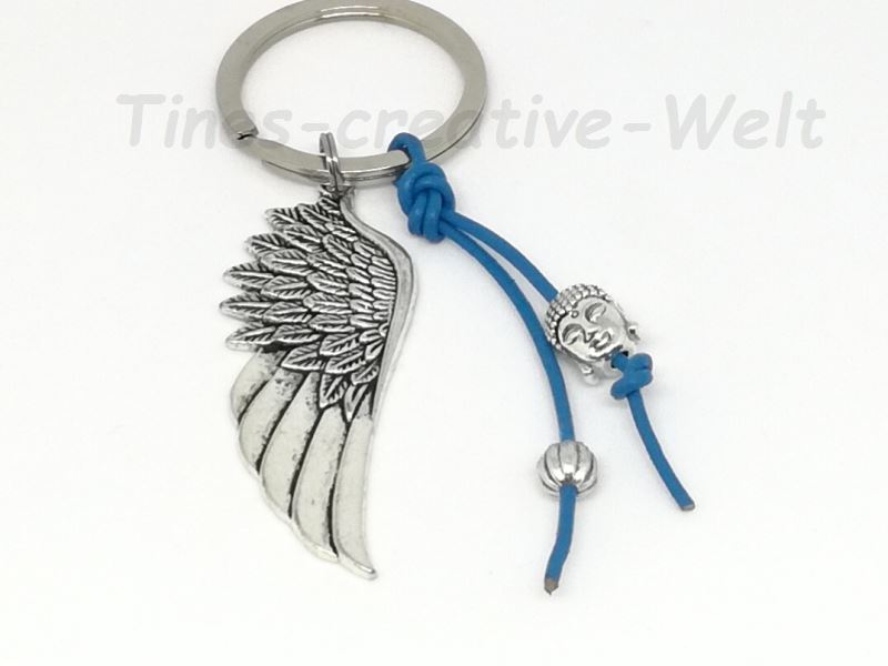  - Schlüsselanhänger Engelsflügel Boho Buddha Lederband Feder Taschenanhänger Wechselanhänger Anhänger blau