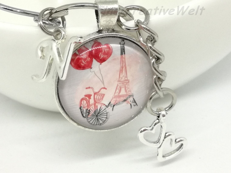  - Personalisierter Schlüsselanhänger, Eiffelturm, Fahrrad, Herz, Glascabochon, Liebe, Geschenk
