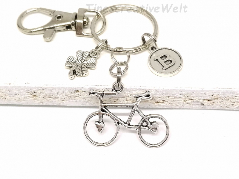  - Schlüsselanhänger personalisiert, Fahrrad, Rad, Kleeblatt, Herz, Glücksbringer, Karabinerhaken mit Wirbel, Geschenk