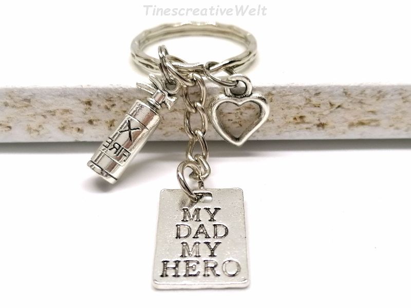  - Schlüsselanhänger, Held, Feuerwehr, Feuerlöscher, Bester Papa, Herz, Taschenanhänger, Schlüsselbund, Geschenk für Vater