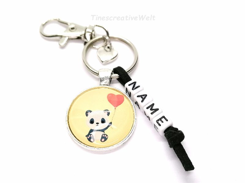 - Pandabär, personalisiert, Schlüsselanhänger, Karabinerhaken mit Wirbel, Glascabochon, MIT WUNSCHNAME