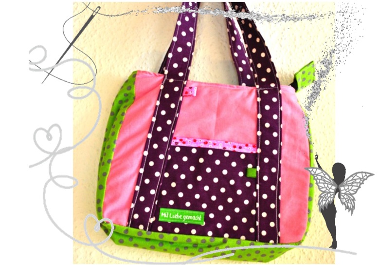  - Schicke, kleine , bunte Mädchenhandtasche rosa-grün mit Punkten