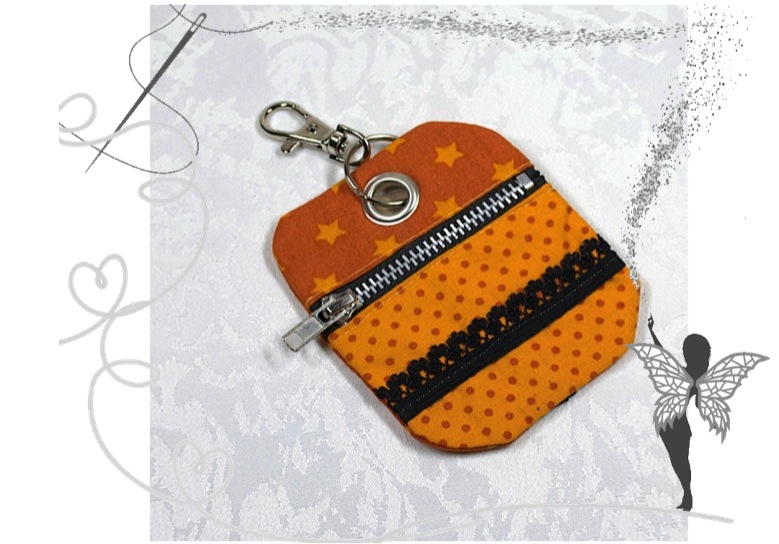  - Schicker kleiner Schlüsselanhänger und  Chiptäschchen ,orange mit schwarzer Spitze