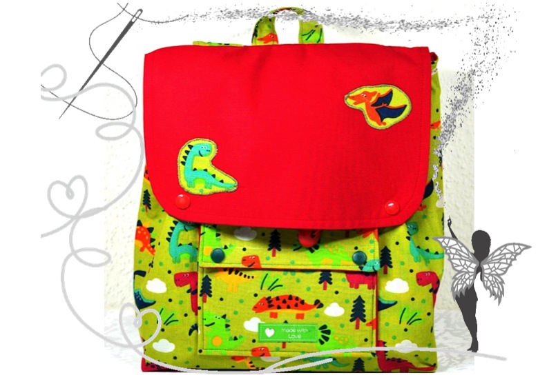  - Handgenähter, farbenfroher Kinderrucksack mit  Dinosaurier