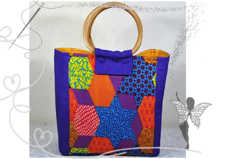  - Farbenfrohe,kleine Einkaufstasche mit Peddigrohr-Taschengriffen,lila-bunt,Handarbeitstasche