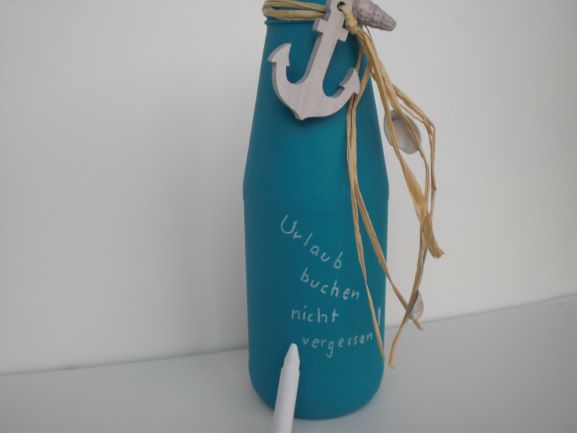  - Eine blaue Dekoflasche, Vase, maritim dekoriert, zum Beschriften, kaufen 