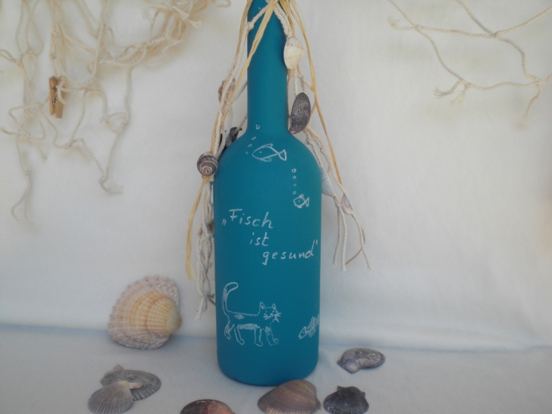  - Eine blaue Dekoflasche, Vase, maritim dekoriert 31 cm, zum Beschriften, kaufen  