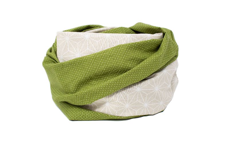  - Schal mit japanischem Muster, Baumwoll Loopschal, Maigrün, Beige, Asanoha