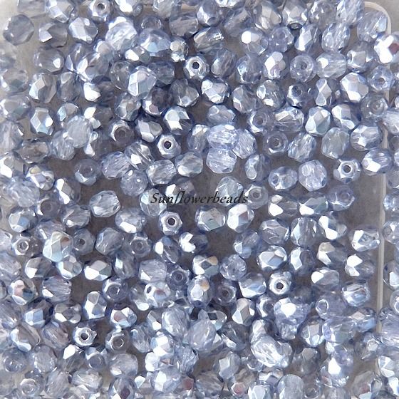 - 50 Stück böhmische Glasschliffperlen 4 mm, kristall halbsilber 