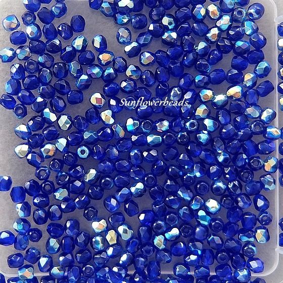  - 50 Stück böhmische Glasschliffperlen 3 mm, dunkelblau AB, kobalt AB 