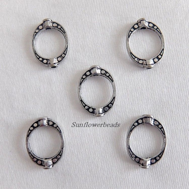  - 5 ovale Metallperlen, Rahmenperlen, silber, schön verziert, 2 x 1,5 cm