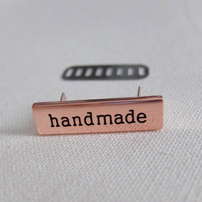  - Handmade Label aus Metall, rosegold, für Taschen, Geldbörsen 
