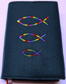 Gotteslobhülle handgefertigt aus 3mm Filz petrol mit bunten Fischen