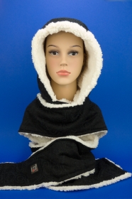 Kapuzenschal ♥Teddyplüsch♥ Kapuze und Schal in einem, in schwarz und creme ♥ statt Mütze windgeschützt, kuschelig und warm