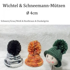 Minimützen, Wichtelmützen, Schneemannmützen 3er-Set -grün, grau, braun- inkl. Ø 4 cm Köpfe 