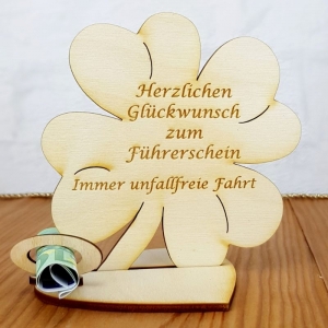 Geld- und Gutscheingeschenk ♥ mit Personalisierung ♥ Führerschein ♥ Kleeblatt 11 cm ♥ Holz