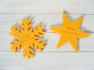 Stern und Schneeflocke, Filz, Weihnachtsdeko, mit Gravur, Weihnachtsgruß, 
