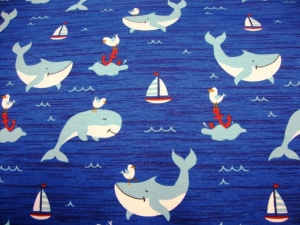 Baumwolljersey Wale, Segelschiffe, Anker und Möven auf blau maritimer Jersey Kinderstoffe Meterware kaufen nähen    