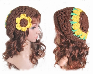 Sommer Beanie ♡Sonnenblume♡ mit Blume und Glasperlen gehäkelt mit Baumwollgarn ♡ Verrückte Maschen 3937.180710.234829_15n
