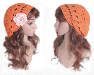Sommer Beanie ♡Orangenblüte♡ mit Baumwollgarn gehäkelt in orange mit hell rosa Blüte ♡ Verrückte Maschen 3937.190305.081535_52d