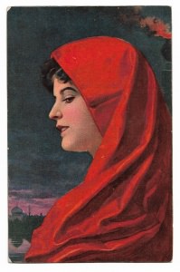 Alte Künstler Postkarte ★ FRAU MIT ROTEM KOPFTUCH ★ um 1910