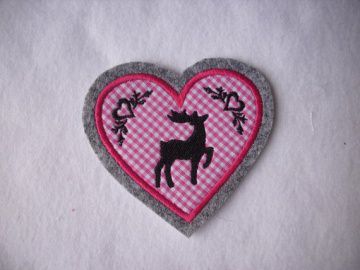Herz ♥ mit gest. Hirsch und Ornamenten ♥ Aufnäher/Applikation ♥ pink 